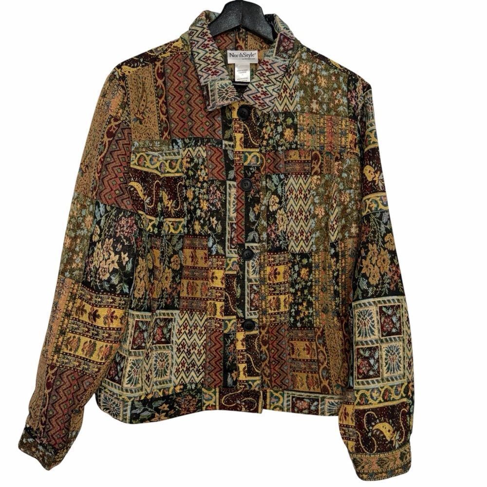 NorthStyle Patchwork Tapestry Jacket size XL Button Up 90s Boho Artsy Eclectic